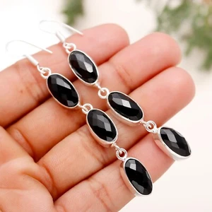 Black Onyx Gemstone Dangle Handmade 925 Sterling Silver Earring  Elegant Jewelry - Picture 1 of 6