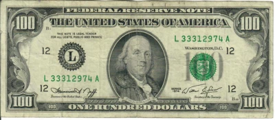 1974 100$ FRN - Small portrait - FIN/WES L33312974A - #15309 - Image 1 of 2