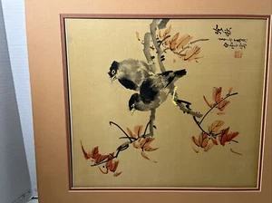 Vintage Asian Watercolor on Silk Paper,  Bird AND FLOWERS  22" - UNFRAMED - Picture 1 of 17