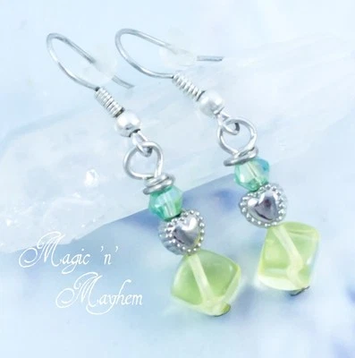 Sunny Yellow Glass Heart & Green Crystal Earrings - Handmade Jewelry - Spring - Image 1 of 2