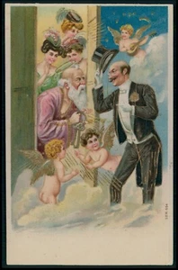 arte San Pedro cielo y mujer casi desnuda vieja década de 1910 postal dorada en relieve - Imagen 1 de 2