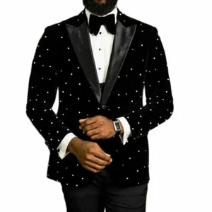 Pearl Beading Men Black Velvet Jackets Slim Fit Wedding Business Tuxedos 2Pieces - Picture 1 of 11