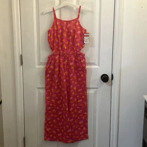 NWT Cat & Jack Jumpsuit Girls Size L (10/12) Pink Floral Woven Cotton Wide Leg - Picture 1 of 15