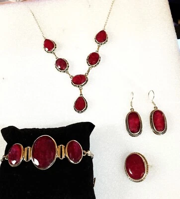 New Sterling Silver Ruby Parure-Necklace, bracelet, ring and earrings - Image 1 of 4
