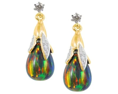 Aretes colgantes de oro amarillo de 9 quilates de ópalo negro y diamante briolette Reino Unido Foto 1 de 4