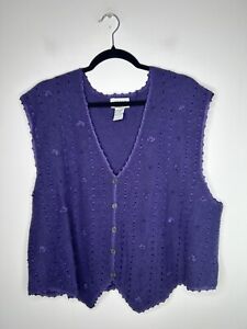 Koret Sweater Vest Button Front Crochet Knit Women Purple Embellished Size 1X