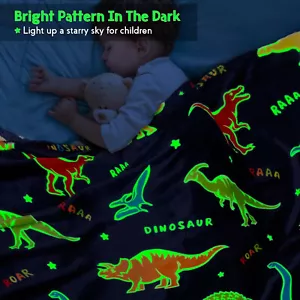 Dinosaur Glow in The Dark Dino Blanket Soft Throw 50"x60" FLANNEL NEW - Picture 1 of 4