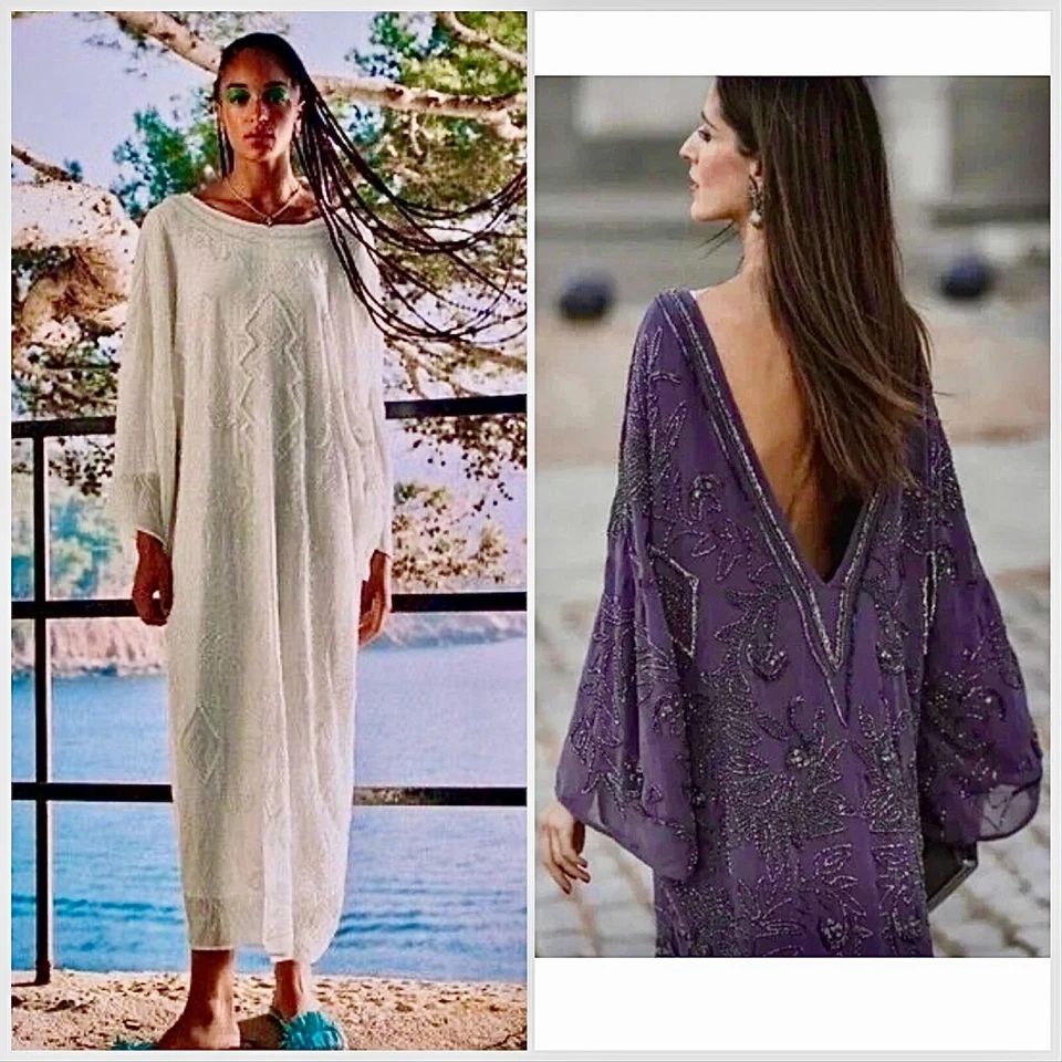 Vestido ZARA Edición Limitada TÚNICA CAFTÁN con Cuentas BLANCO o PÚRPURA Cuello en V Espalda Sin Espalda Foto 1 de 1