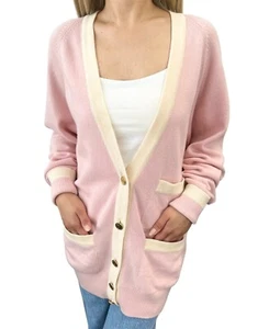 CHANEL Vintage CC Mark Logo Cardigan Pink Cream Cashmere Button Pockets Sweater - Picture 1 of 10