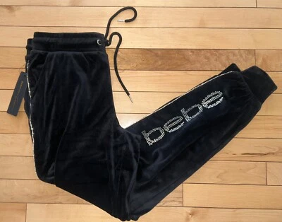 NEW ! NWT BEBE Plush Rhinestone Logo Velour Jogger Pants Black Size S - Image 1 of 3
