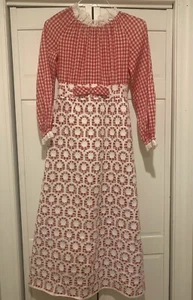 Vintage Red Gingham And Lace Long Sleeve Lace Maxi Dress Bow Detail 60's 70's - Picture 1 of 11