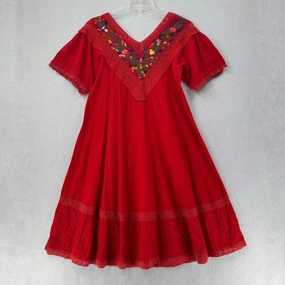 Vestido MEXICANO DE COLECCIÓN Rojo Algodón Bordado a Mano MEDIANO Mujer Crochet Ribete Foto 1 de 4