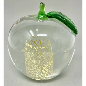 Apple Art Glas Briefbeschwerer, mundgeblasen, grünes Blatt, Goldflocke Mittelsäule - Bild 1 von 6