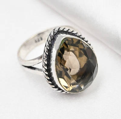 烟黄玉宝石手工制作 925 纯银珠宝戒指 — 第 1/4 张图片