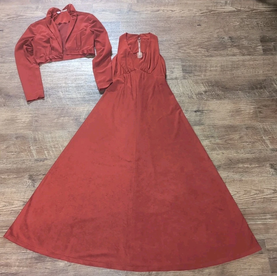 Maxi Vestido Vintage Union Made Años 70 Naranja Oxidado Con Chaqueta Bolero Talla 9 Foto 1 de 4