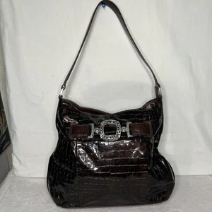 Brighton Brown Croc Patent Leather Purse Shoulder Bag Silver Tone Well Loved - Picture 1 of 24