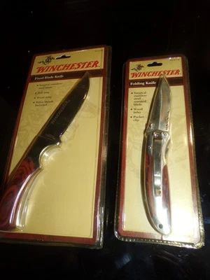 WINCHESTER Fixed Single Blade & Folding Pocket Knife w/Wood Inlaid Handle Sealed - Image 1 of 2