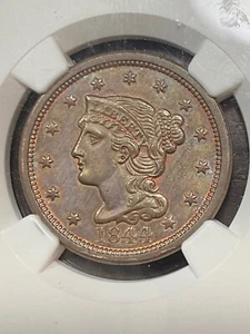 NGC MS62BN 1844 LARGE DATE BRAIDED HAIR LARGE CENT BEAUTIFUL COLOR - Picture 1 of 3