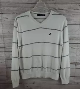 Nautica Men's Large Striped White Long Sleeve Lightweight V-Neck Sweater Sweet! - Picture 1 of 12