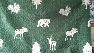 New Cozy Cabin 3-Piece Full/Queen Quilt Bedding Set Moose Bear Elk Trees Green - Image 1 of 4