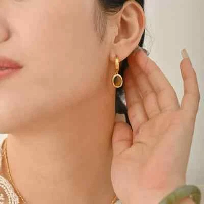 Natural Tiger's Eye Dangling Drop Earrings Dainty Huggie Hoop Earrings Gift - Image 1 of 4