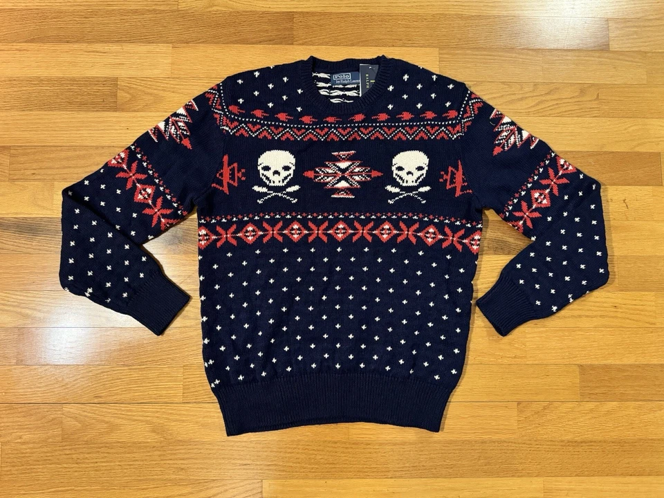 Polo Ralph Lauren Skull Jacquard Cotton-blend Navy Blue Sweater Size Large