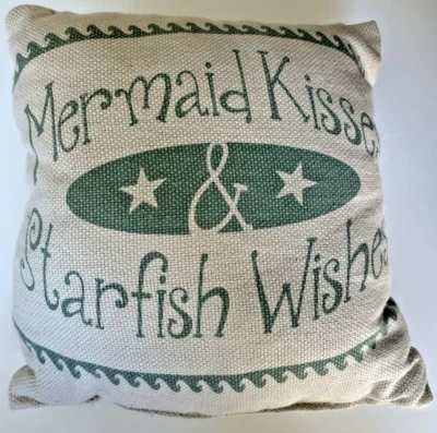 Mermaid Kisses Starfish Wishes Girls Pillow Thick 8" x 7" - Beige w/ Green Text - Image 1 of 4