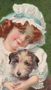 Tarjeta victoriana Hoyt's Alemania Colonia Precios Linda Niña Terrier Escocés Años 1880 - Imagen 1 de 4