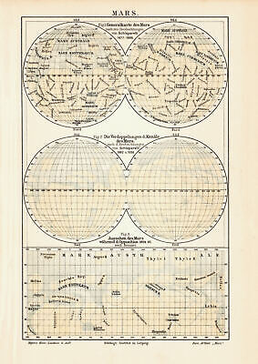Mars Generalkarte Historische Karte Lithographie Ca. 1906 Bildtafel Astronomie • 8.98€