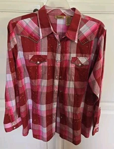 Wrangler Wrancher Pink Plaid Shirt Western Pearl Snap Women’s Size XXL Silver - Picture 1 of 4