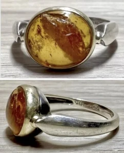 Vintage Designer Alekseyev Sterling Silver & 18k Gold Amber Ring, Size 8.5 - Picture 1 of 10