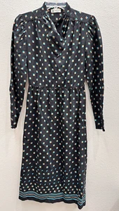 Vintage Lanvin Paris Dress Size Small Black All Over Print Designer Midi Unique - Picture 1 of 9