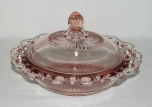 Hocking Glass OLD COLONY Lace Edge Pink Round Butter Dish with Cover - Picture 1 of 3