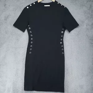 Zara Trafaluc Black Midi Bodycon Dress Womens M 17-18 With Metal Rings Sleeves - Picture 1 of 22