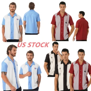 Men Retro Short Sleeve Camp Shirt Button Down Loose Cuban Style Bowling Shirt - Picture 1 of 43