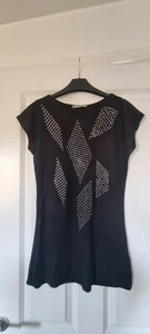 SOUTH BLACK SPARKLY SILVER STUD DIAMANTE GEM FRONT CAP SLEEVE LONGLINE TUNIC TOP - Picture 1 of 4