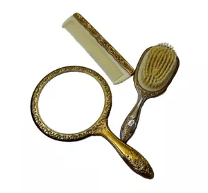Vintage 70er vergoldet Waschtisch Zubehör Set Handspiegel Kamm Bürste MCM Glam - Bild 1 von 10