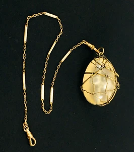Watch Fob Handmade Poured Clear Plastic Egg Shaped on 15 Inch Chain Antique - Picture 1 of 7