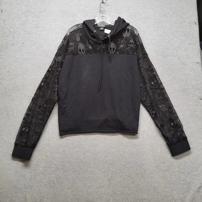 Hot Topic Women Hoodie 2X Black Graphic Print Skull Lace Cropped Mesh - Image 1 of 4