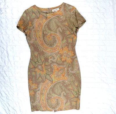 Vestido Vaina Vintage Scapa of Scotland Marrón Paisley Años 70 Para Mujer PEQUEÑO (Etiqueta 38) Foto 1 de 4
