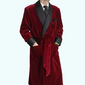 Herren Lang Burgund Smoking Jacke Morgenmantel Gesteppt Samt Kleid Abend Abendessen Mantel - Bild 1 von 4