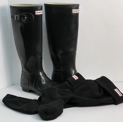 Hunter Original Tall Gloss Rain Boot for Women, Size US 8 - Black w/Liners Med - Image 1 of 4