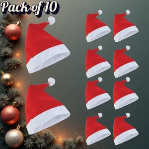 Pack of 10 Santa Hats Christmas Fancy Dress Costume Xmas Party Adults and Teens - Picture 1 of 6