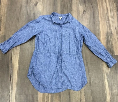 L.L. Bean Shirt Womens Large Petite 100% Linen Tunic Chambray Blue Blouse Top - Image 1 of 4