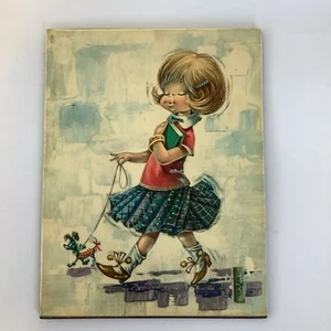 Vintage L. Vernet Kitsch Retro Girl with Dog Print Picture on Board 10" x 7.5" - Picture 1 of 15