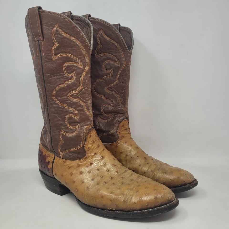 Botas vintage Larry Mahan 12D couro marrom bronzeado pena completa avestruz caubói ocidental - Imagem 1 de 4