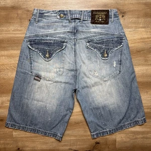 Akademiks Jean Shorts Men 31 Blue Baggy Jorts Hip Hop Rapper Skater Rockstar Y2K - Picture 1 of 15