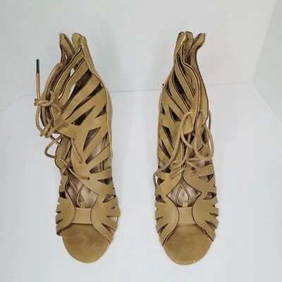 Call It Spring Block Heel Women's Tan 7.5 Strappy Zip Back-Lace Front 4" FLAWED - Image 1 of 4