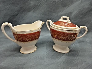 Homer Laughlin Eggshell Georgian Rust Red 18K Gold Sugar Bowl & Creamer USA - Picture 1 of 5
