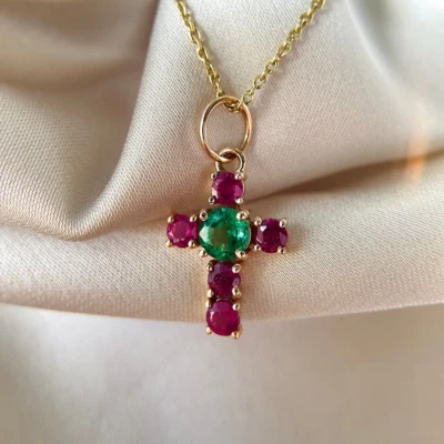 Holy Cross Pendant Handmade 14k Rose Gold Plated Rd Lab Created Emerald & Ruby - Image 1 of 4
